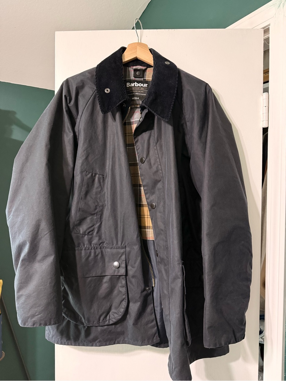 Barbour Bedale Navy Waxed Cotton Field Jacket with Corduroy Collar Size 42R